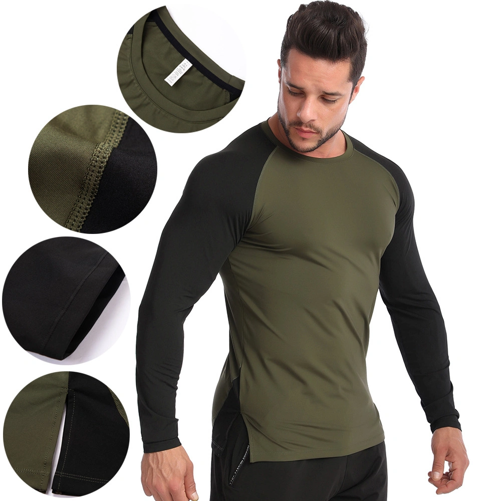 Wholesale Clothing New Design Men&prime;s Green/Black Contrast Colors Long Sleeve Compression Sports Shirt Wit Bottom Split