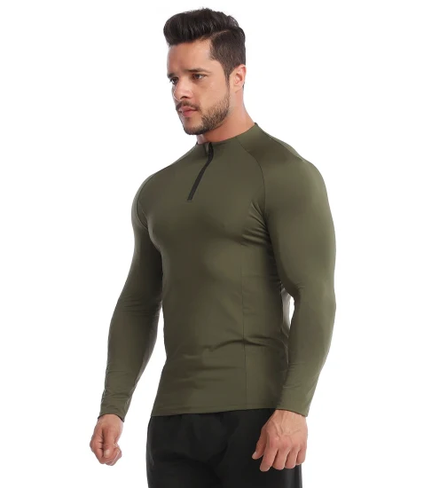 Wholesale Clothing New Design Men′s Green/Black Contrast Colors Long Sleeve Compression Sports Shirt Wit Bottom Split